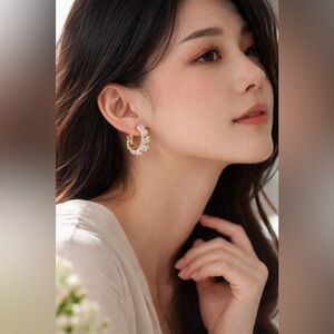 White Flower Hoop Gold Earrings